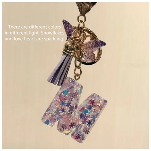 Resin Initial Letter Keychain With Butterfly Tassel Glitter Snowflake Sequin Alphabet Keyring For Women Girl Bag Pendant