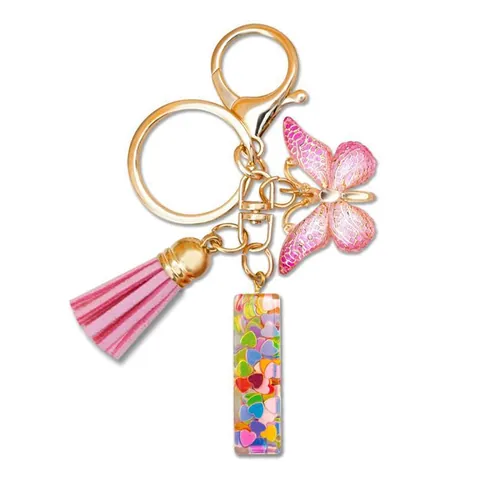 Cute Initial A-Z Letter Resin Keychain With Pink Butterfly Tassel Heart Sequins Gold Alloy Lobster Clasp Bag Pendant Gift