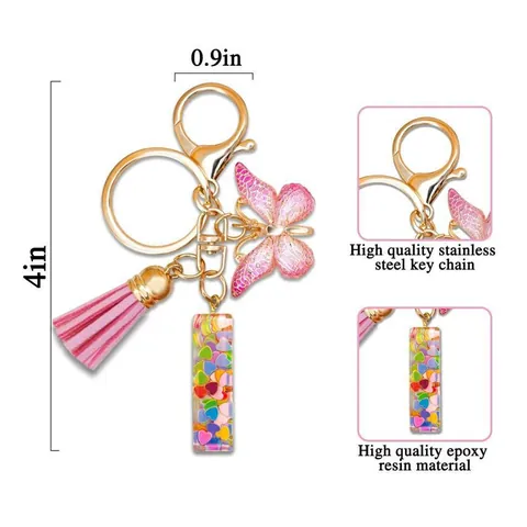 Cute Initial A-Z Letter Resin Keychain With Pink Butterfly Tassel Heart Sequins Gold Alloy Lobster Clasp Bag Pendant Gift