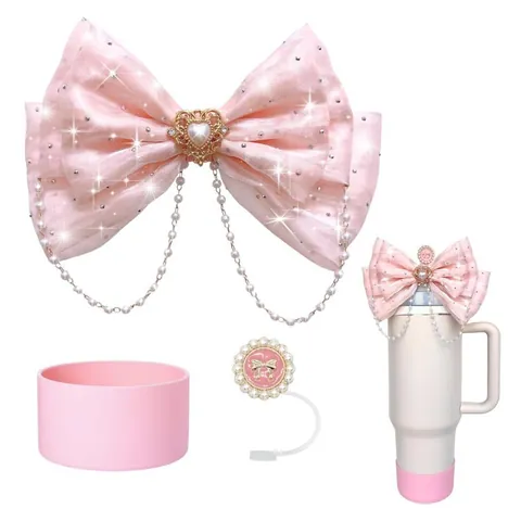 Bling Tumbler Decoration Bow With Artificial Pearl Chain Heart Charm Silicone Cup Boot Flower Straw Cover Cup Accessory For Women