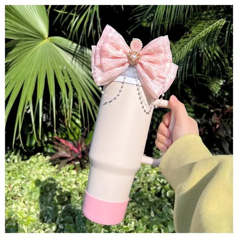 Bling Tumbler Decoration Bow With Artificial Pearl Chain Heart Charm Silicone Cup Boot Flower Straw Cover Cup Accessory For Women