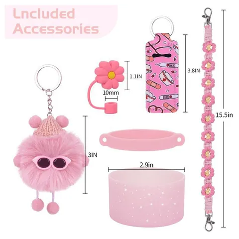 Large Capacity Tumbler Accessories Kit For Water Bottle Including Silicone Cup Boot Straw Cover Flower Woven Strap Plush Monster Charm Pouch Set