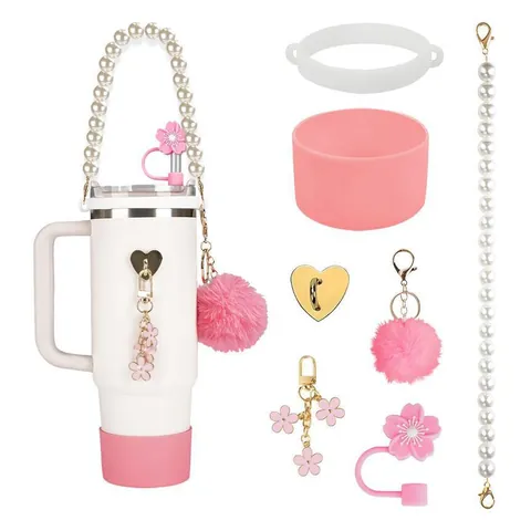 Tumbler Accessories For Large Cup With Silicone Straw Cover Protective Boot Artificial Pearl Handle Chain Heart Charms Flower Decoration
