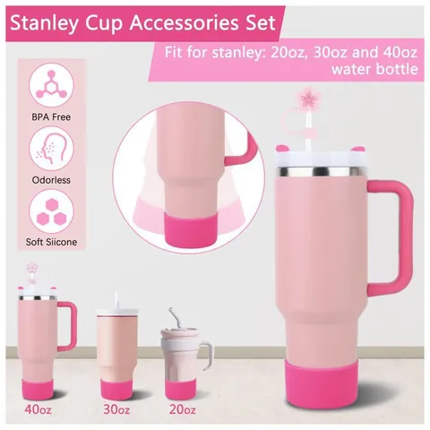 Pink Sakura Theme Stanley Cup Accessories Set Including Silicone Boot Straw Cover Pom Pom Keychain Flower Pattern Shoulder Strap For Large Tumbler