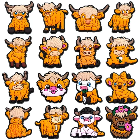 Breloques de Chaussures Vache Highland en Dessin Animé pour Sabots en Caoutchouc Souple PVC Accessoires de Boucles de Chaussures Décoratives