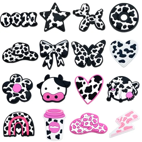 Cartoon Kuhmuster Schuh-Anhänger Für Clogs PVC Rosa Schwarz Weiß Herz Stern Schmetterling DIY Schuh Dekoration Zubehör