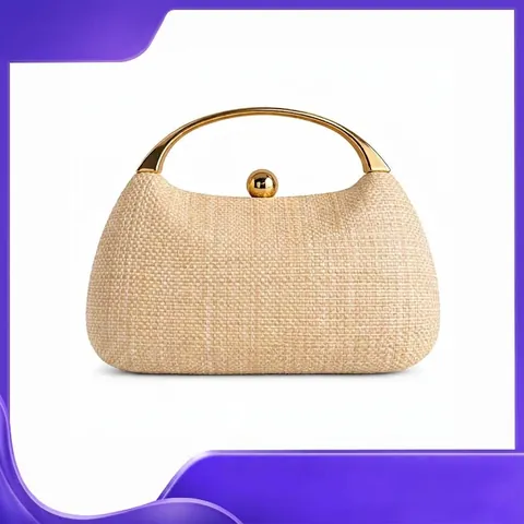 Woven Evening Bag Women Straw Clutch Gold Ring Metal Handle Party Wedding Handbag With Detachable Chain Strap