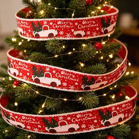 Christmas Decorative Ribbon Faux Linen Burlap Fabric Tape Frayed Edge Printed Truck Snowman For Holiday Gift Wrapping