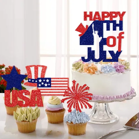 Independence Day Cake Toppers USA Happy Fourth Of July Patriotic Glitter Paper Picks For Party Decoration Uncle Sam Hat