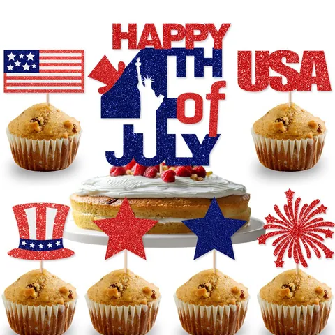 Independence Day Cake Toppers USA Happy Fourth Of July Patriotic Glitter Paper Picks For Party Decoration Uncle Sam Hat