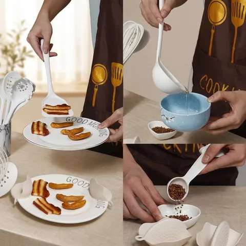 Silicone Kitchenware Collection Cooking Utensils Non-Stick Heat Resistant Stainless Steel Grip With Marble Storage Bucket