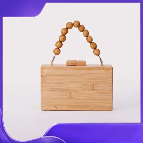 Handmade Bamboo Wood Evening Clutch Bag Wooden Beaded Handle Rectangular Hard Shell Box Purse Vintage Boho For Women