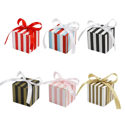 Square Striped Candy Boxes With Ribbon Bow Paper Gift Packaging For Wedding Party Favors Elegant Vertical Stripe Box