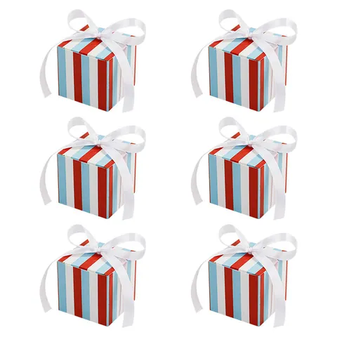 Square Striped Candy Boxes With Ribbon Bow Paper Gift Packaging For Wedding Party Favors Elegant Vertical Stripe Box