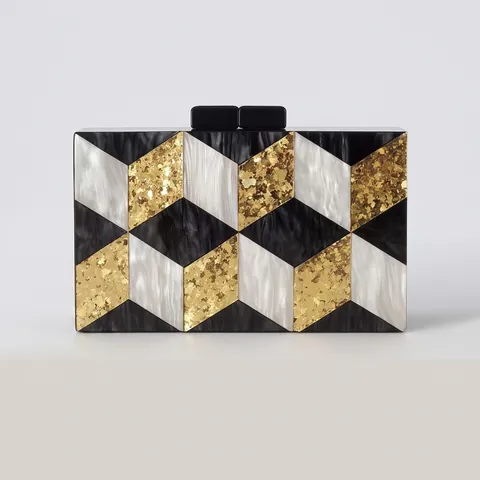 Borsa Da Sera In Acrilico Patchwork Design Geometrico 3D Trama Marmo Elegante Borsa Da Party Con Catena Dorata Per Donna