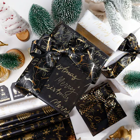 Christmas Wrapping Paper Roll Gold Foil Stamping Snowflake Tree Pattern Luxury Gift Wrap Holiday Party Decor