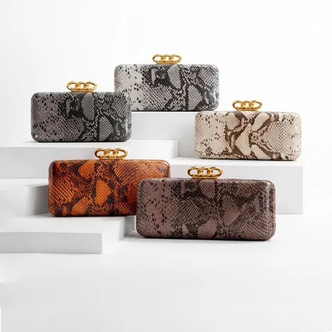 Snake Skin Pattern PU Leather Evening Clutch Bag Gold Chain Clasp Hard Shell Box Crossbody Purse For Women