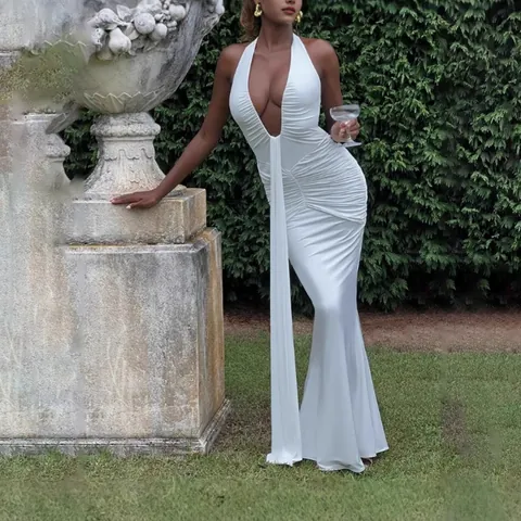 Women's Elegant Halter Deep V Backless Ruched Fishtail Maxi Dress Solid Color Sexy Party Evening Formal Long Gown