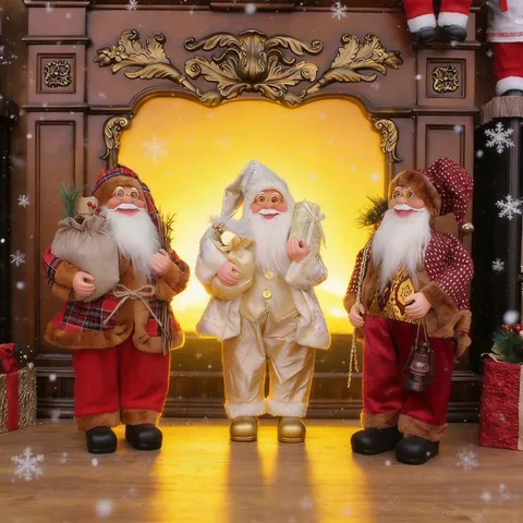 Standing Santa Claus Figurine Traditional Christmas Decoration Plush Fabric Plastic Ornament With White Beard Glasses Gift Bag