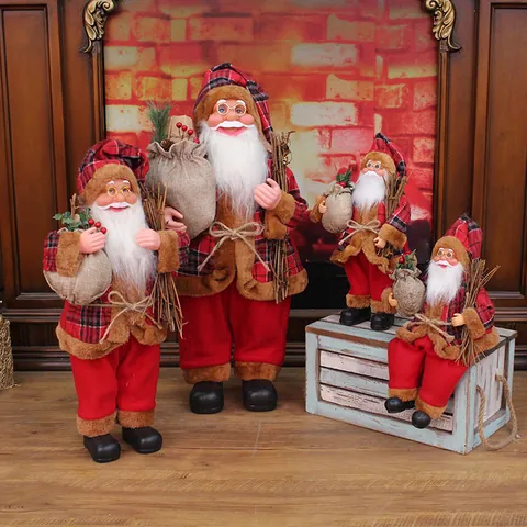 Standing Santa Claus Figurine Traditional Christmas Decoration Plush Fabric Plastic Ornament With White Beard Glasses Gift Bag