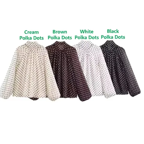 Damen Polka Dot Bluse Chiffon Langarm Schluppenkragen Laternenärmel Retro Elegant Mode Oberteil Casual Office Lady
