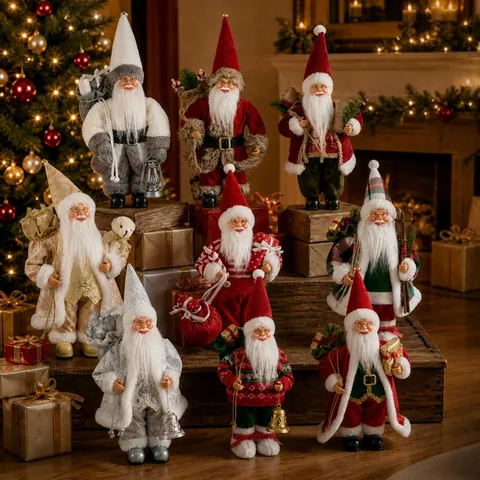 Santa Claus Standing Doll Ornament Plush Cloth Plastic Festive Home Decoration Traditional Christmas Tabletop Figure With Accessories