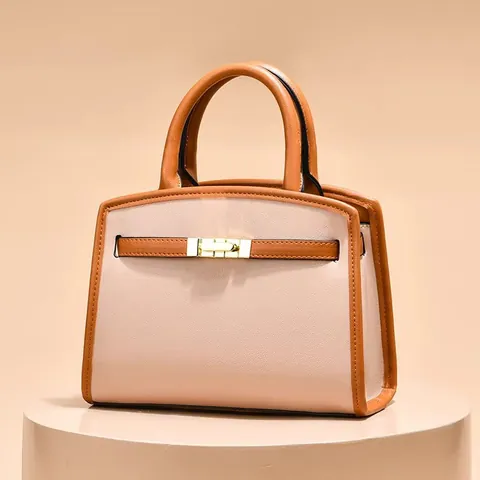 Women Color Block Handbag PU Leather Large Capacity Crossbody Shoulder Bag With Top Handle And Gold Hardware Twist Lock