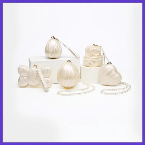 Acrylic Irregular Evening Clutch Bag Pearlescent Heart Cake Shape Faux Artificial Pearl Beaded Chain Handbag Wedding Party Elegant