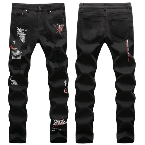 Ανδρικά High Street Distressed Graffiti Τζιν Κέντημα Γράμματα Slim Straight Denim Παντελόνια Hip Hop Streetwear Μαύρο Λευκό Πλυμένο