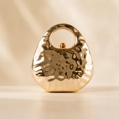 Women Metal Evening Clutch Bag Hammered Texture Integrated Round Handle Elegant Party Wedding Handbag Box Style Fashion