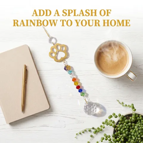 Crystal Suncatcher Ornament With Metal Golden Dog Paw Print Rainbow Beads And Faceted Prism Ball Hanging Garden Decor