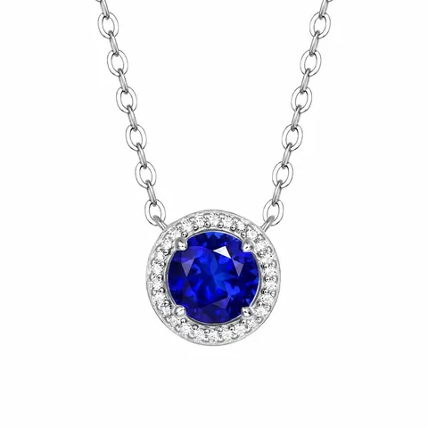 S925 Sterling Zilver Engel Blauw Saffier Kleur Zirkonia Halo Halsketting Rond Edelsteen Hanger Elegante Sieraden Voor Vrouwen