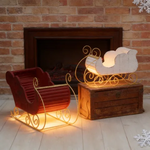 Ornement Traîneau Noël Bois Métal Décoration Table Rétro Style Vintage Finition Dorée Pailletée