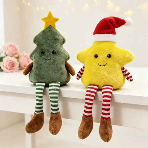 Bambole Di Peluche Natalizie Ornamenti Gambe Lunghe A Strisce Albero Verde Stella Gialla Giocattolo Morbido Arredo Casa