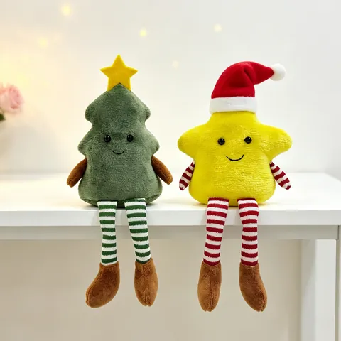 Bambole Di Peluche Natalizie Ornamenti Gambe Lunghe A Strisce Albero Verde Stella Gialla Giocattolo Morbido Arredo Casa