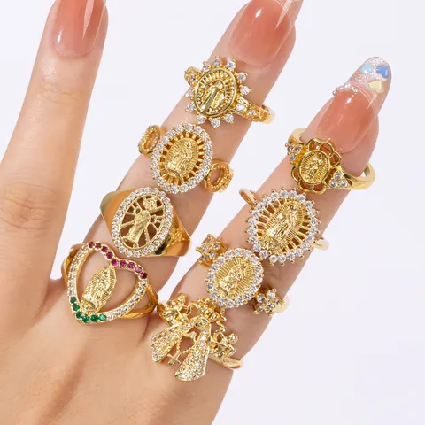 Anello Aperto Religioso Vergine Maria Vintage da Donna Boho in Rame Placcato Oro Zirconia Anello a Rilievo Geometrico