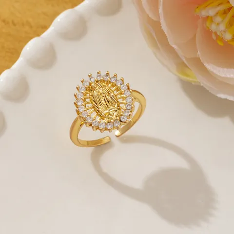 Anello Aperto Religioso Vergine Maria Vintage da Donna Boho in Rame Placcato Oro Zirconia Anello a Rilievo Geometrico