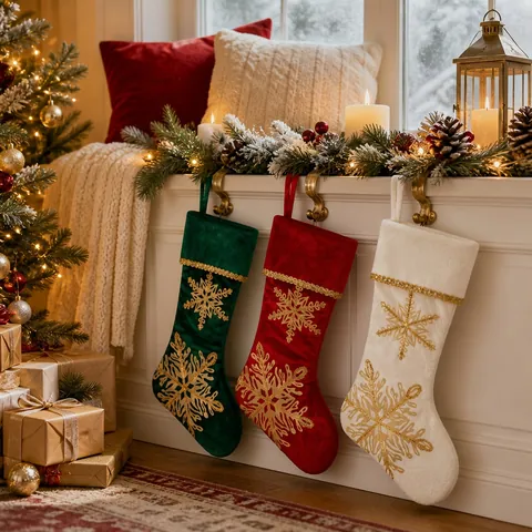Chaussettes De Noël Velours Paillettes Dorées Flocon De Neige Décoration De Cheminée Sacs Cadeaux Grandes Chaussettes