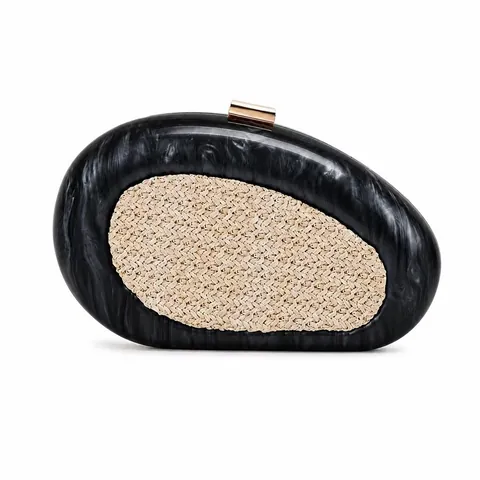 Acrylic Marble Texture Evening Clutch Bag Shell Shaped Woven Straw Panel Metal Clasp Wedding Banquet Handbag For Women