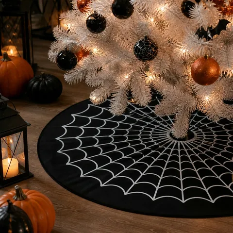Halloween Tree Skirt Spider Web Pattern Polyester Fabric Gothic Holiday Decoration Round Floor Mat Accessory