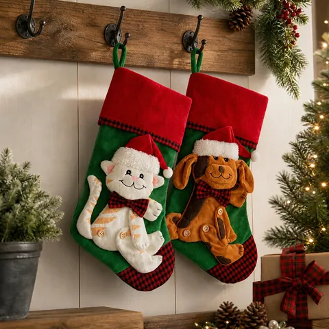 Große Weihnachtsstrümpfe Plüsch Kariert Mit Cartoon Katze Hund Für Weihnachtsbaum Kamin Deko Hängendes Ornament