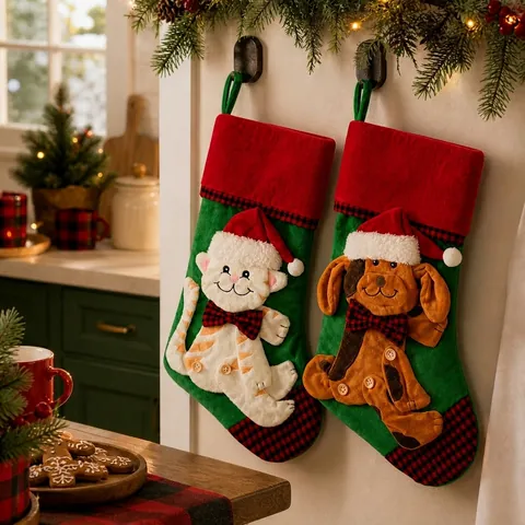 Christmas Stocking 3D Cartoon Cat Dog Red Green Plaid Polyester Hanging Decorative Holiday Fireplace Decor For Xmas Party