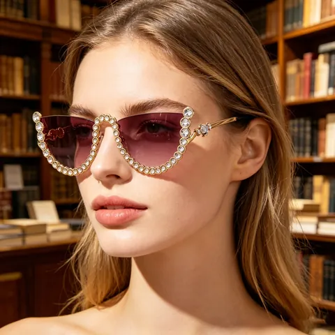 Mode Randlose Damen Sonnenbrille Mit Strass Sternenkette Verlauf Gläser UV400 Schutz Trendige Streetwear