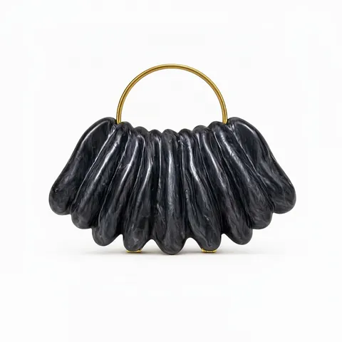 Women Wave Acrylic Evening Bag With Gold Metal Round Handle Marble Pattern Shell Shape Designer Dinner Clutch