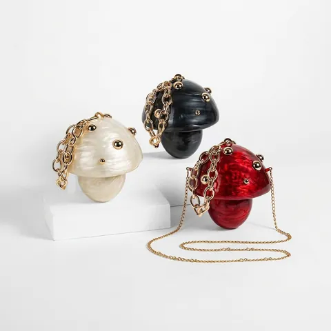 Mushroom Shaped Evening Clutch Bag Acrylic Marble Texture Gold Studded Party Purse With Metal Chain For Women