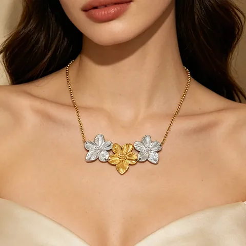 Collana Con Pendente A Fiore Bicolore In Acciaio Inossidabile Catena Veneziana Texture Pieghettata Gioielli Vintage Eleganti Da Donna