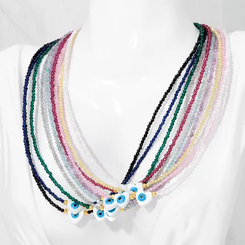 Evil Eye Anhänger Halskette Synthetischer Kristall Perlen Boho Schmuck Mit Kupfer Quadratischem Anhänger Edelstahl Kette