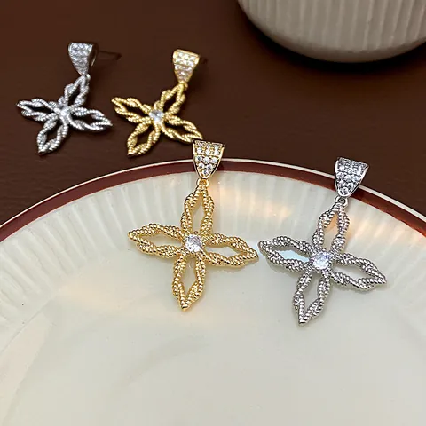 Vintage Flower Drop Earrings Zircon Copper Jewelry With 925 Sterling Silver Earring Post Gold Plated Retro Style For Women