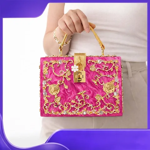 Barock Acryl Abendtasche Mit Metall Hohl Filigran Und Strass Luxus Box Handtasche Damen Vintage Party Clutch