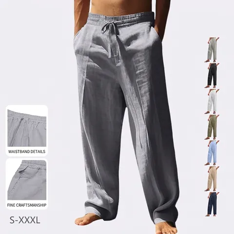 Men Casual Linen Blend Pants Drawstring Non-Iron Elastic Waist Straight Leg Loose Summer Beach Trousers